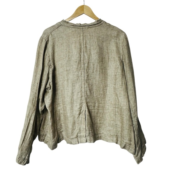 Eileen Fisher Frayed Edge 100% Organic Linen Jacket Stand Collar Natural Tan - Picture 9 of 11